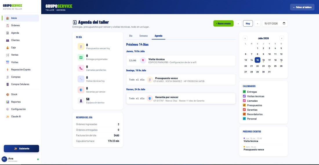 Agenda de entregas y visitas técnicas a domicilio