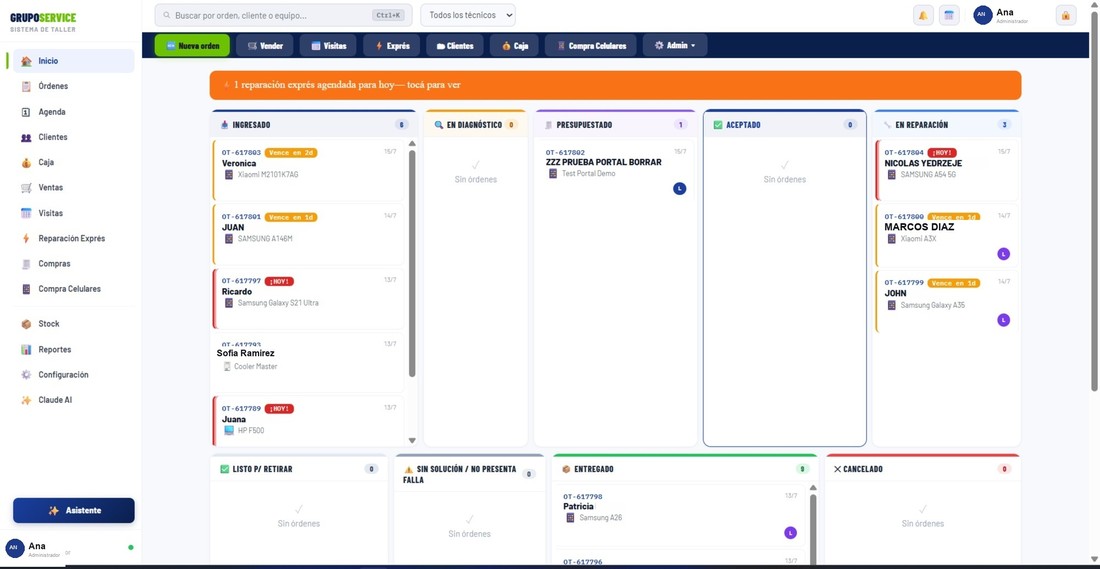 Pantalla del sistema de gestión de taller