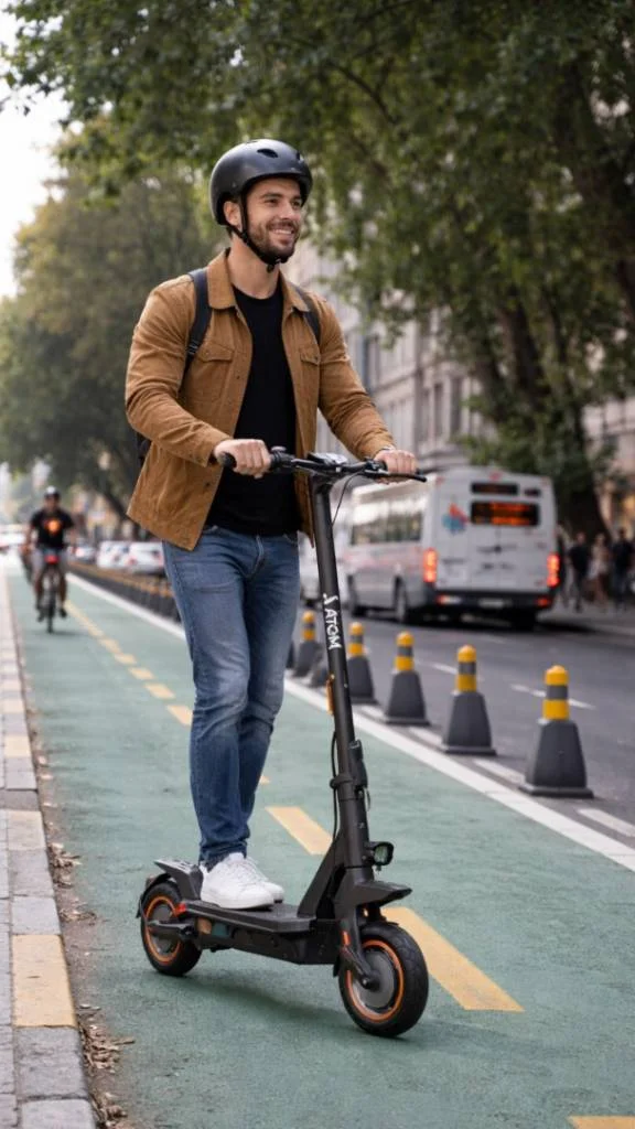 Hombre con casco andando en monopatín eléctrico ATOM por una ciclovía, con un ómnibus detrás