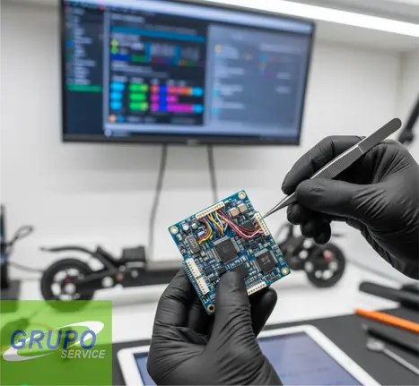 Técnico de GRUPOSERVICE diagnosticando el BMS de un monopatín eléctrico