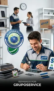 Técnico de GRUPOSERVICE con el sello de garantía, preparando equipos para un cliente
