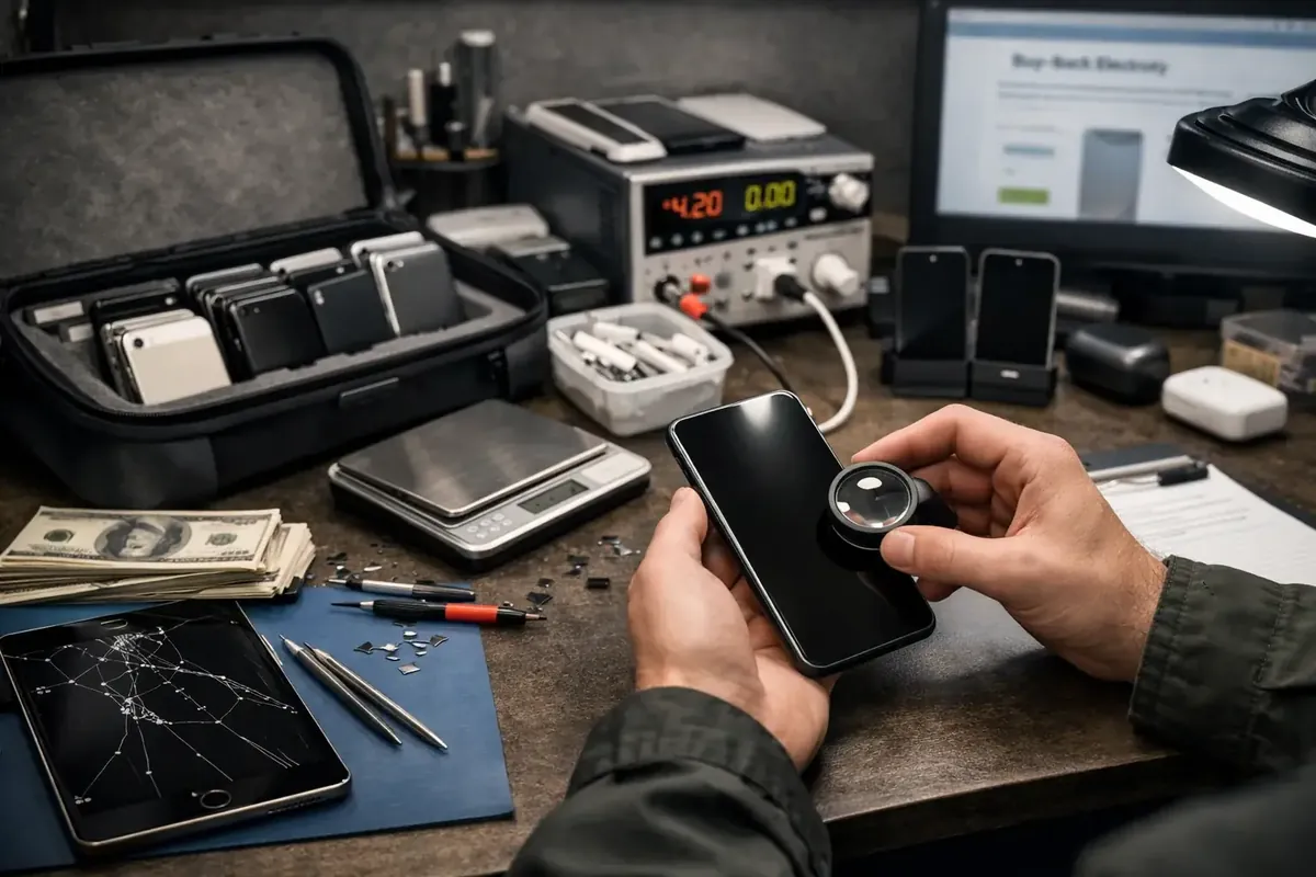 Tasación de un celular usado en el taller de GRUPOSERVICE, con efectivo y equipos sobre la mesa de trabajo