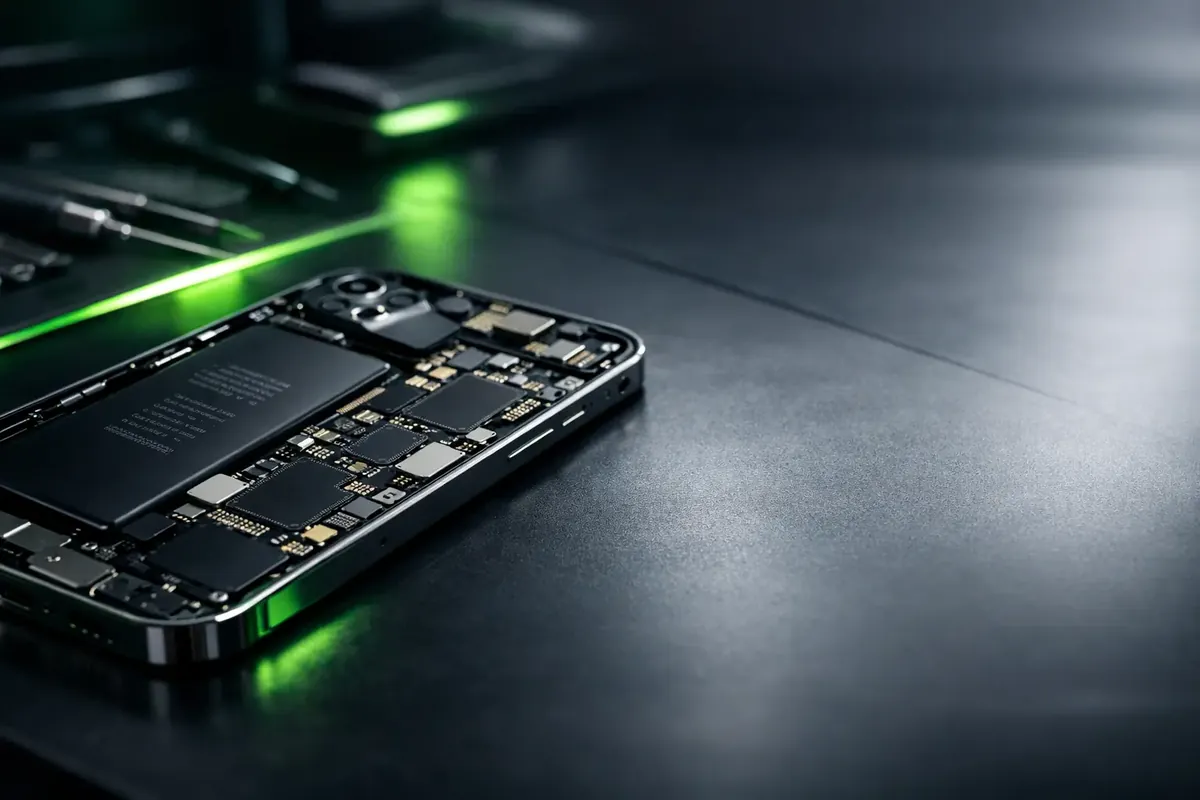 Componentes internos de un iPhone en reparación, con iluminación verde de taller