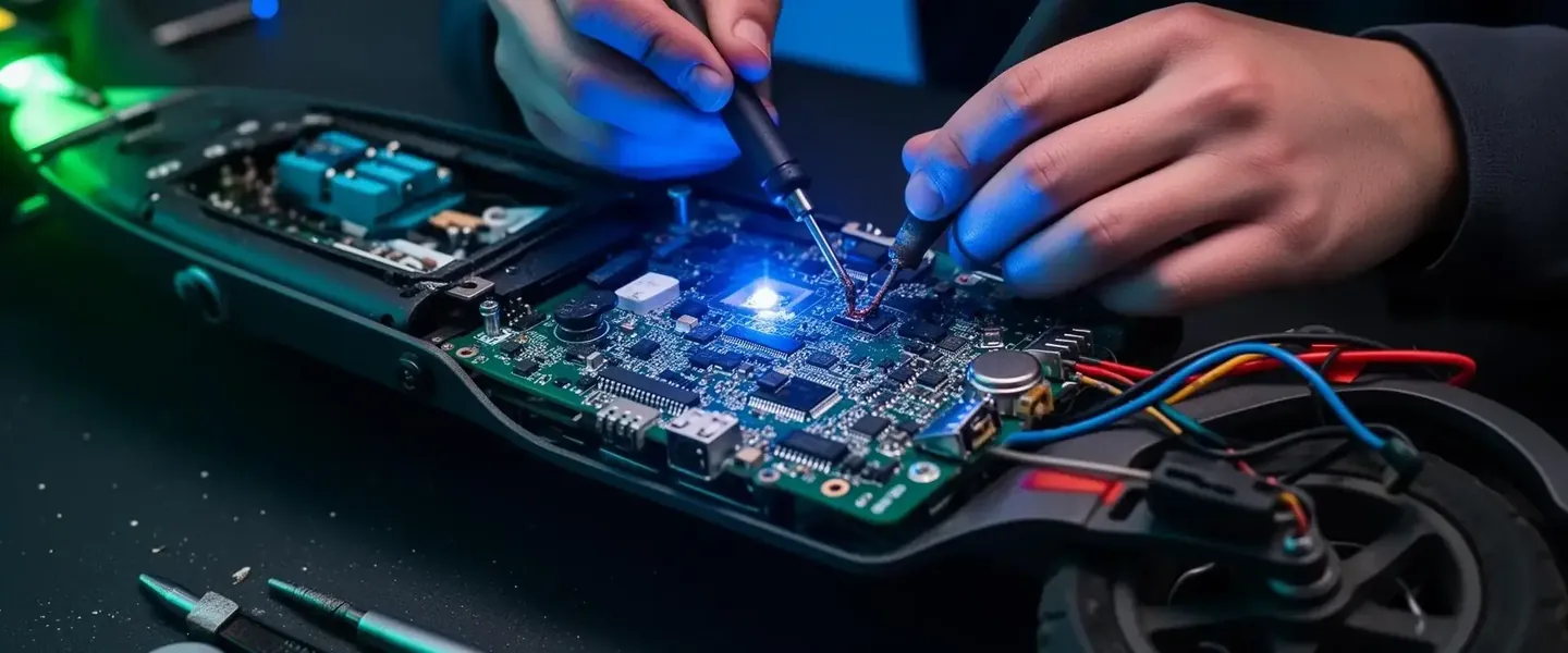 Técnico de GRUPOSERVICE reparando la placa controladora de un monopatín eléctrico