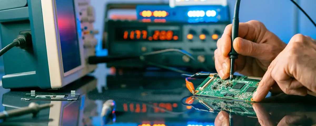 Técnico diagnosticando una placa electrónica en el taller de GRUPOSERVICE