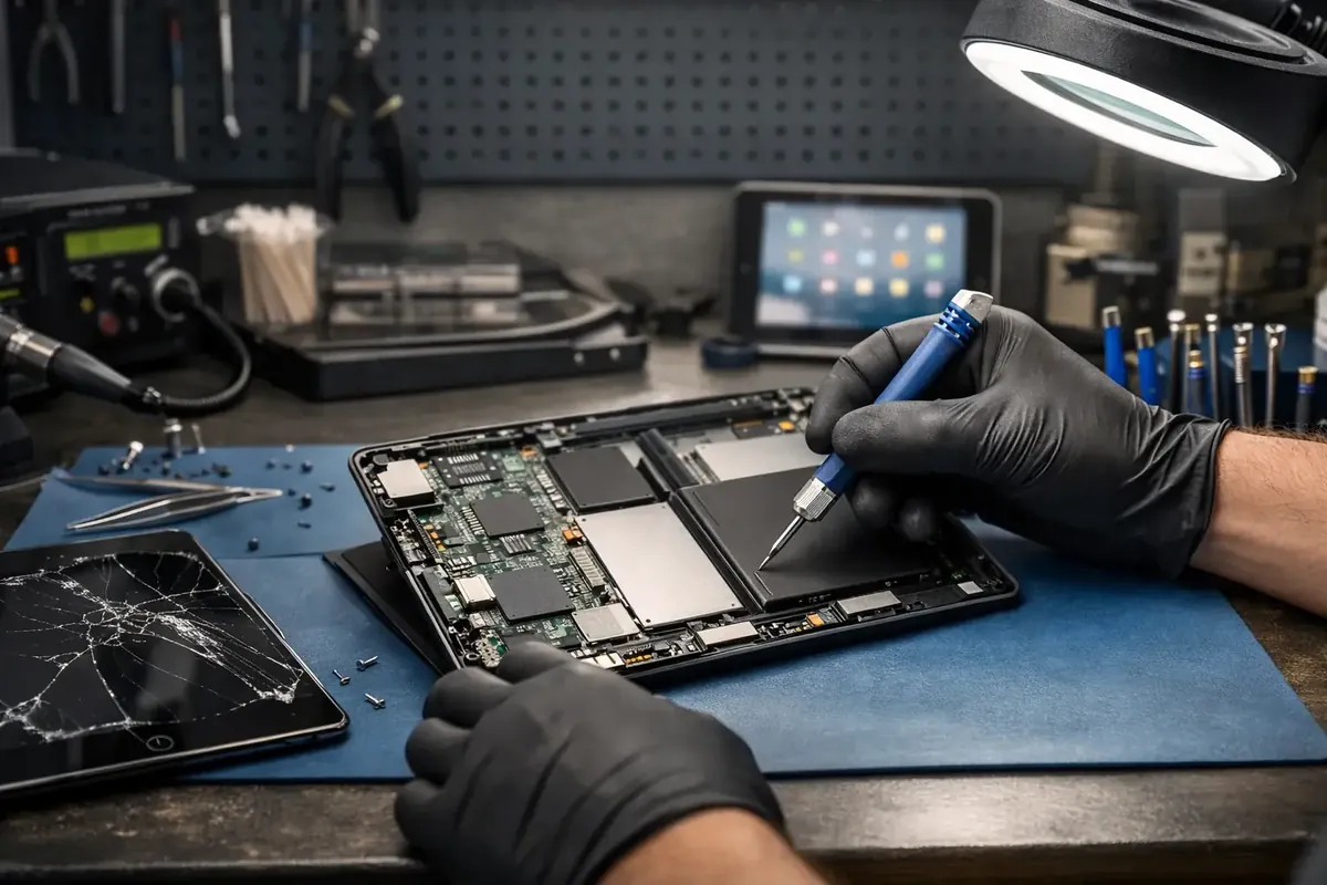 Técnico reparando el interior de una tablet, con una pantalla de iPad rota al costado