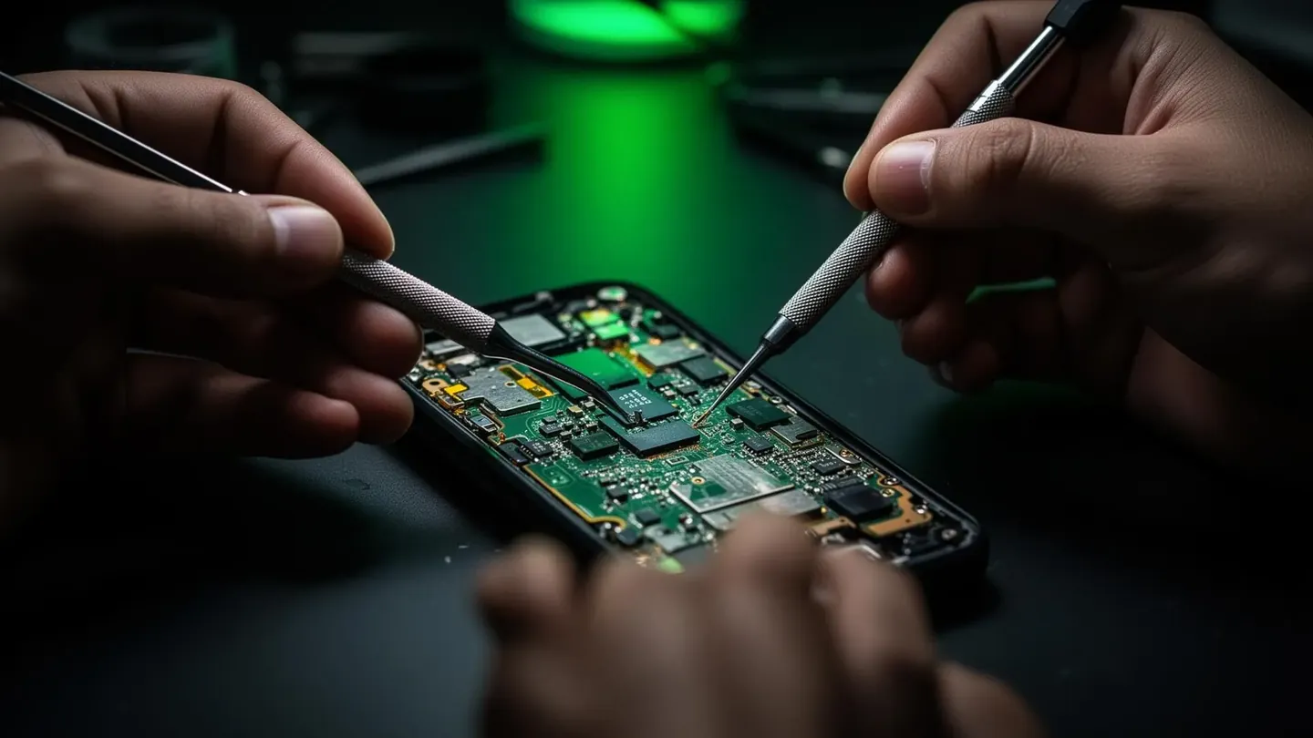Técnico de GRUPOSERVICE haciendo microsoldadura en la placa de un celular