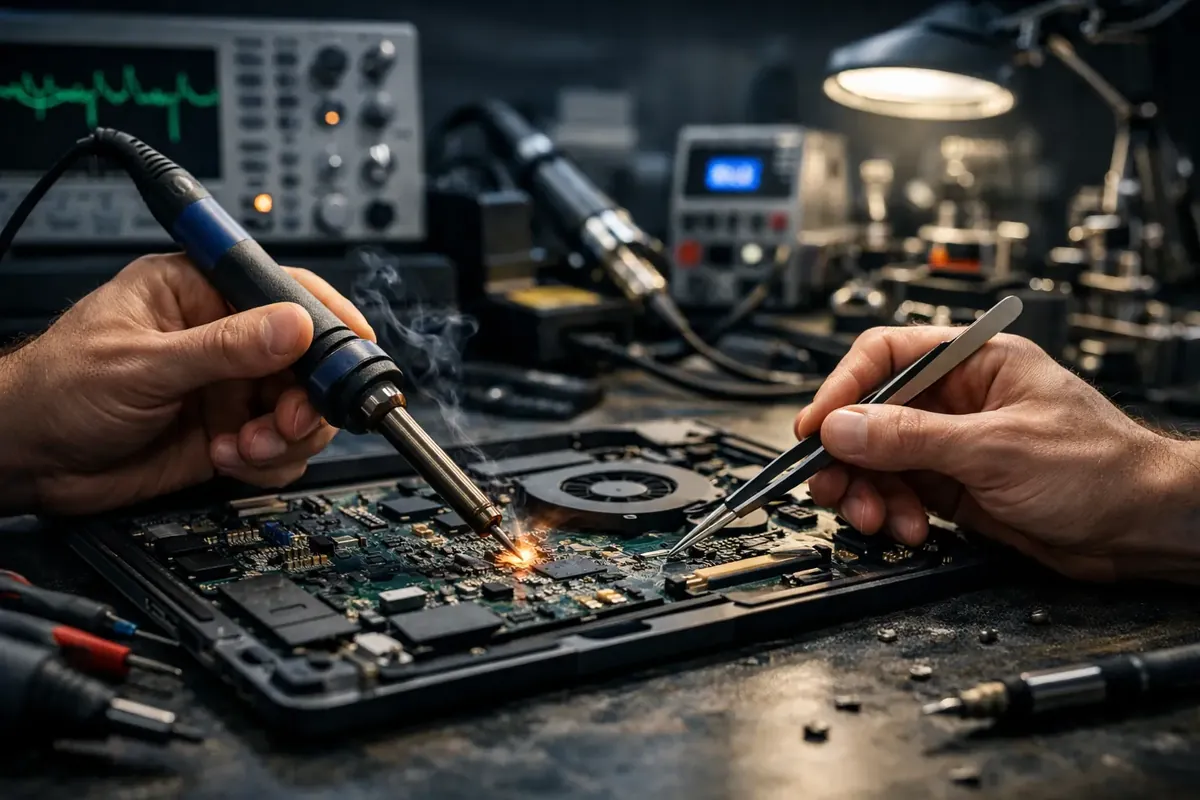 Técnico soldando componentes en la placa de una notebook, reparación a nivel de microelectrónica