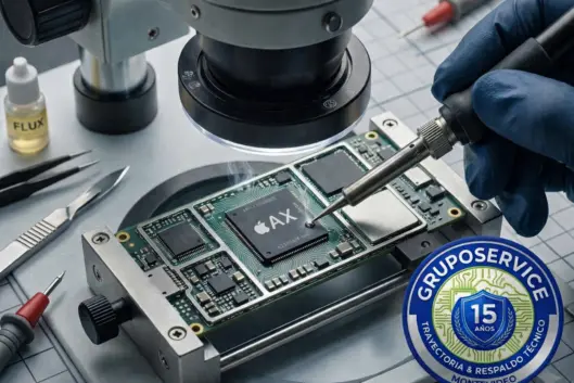 Técnico realizando microsoldadura BGA con microscopio en la placa de un equipo Apple, laboratorio GRUPOSERVICE