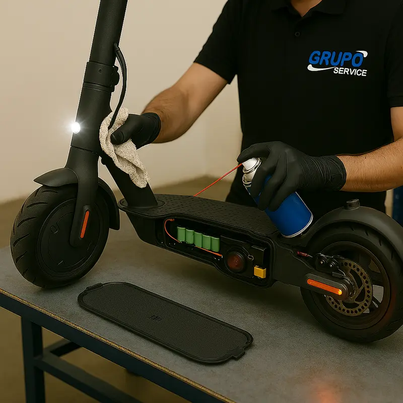 Técnico de GRUPOSERVICE limpiando y lubricando un monopatín eléctrico