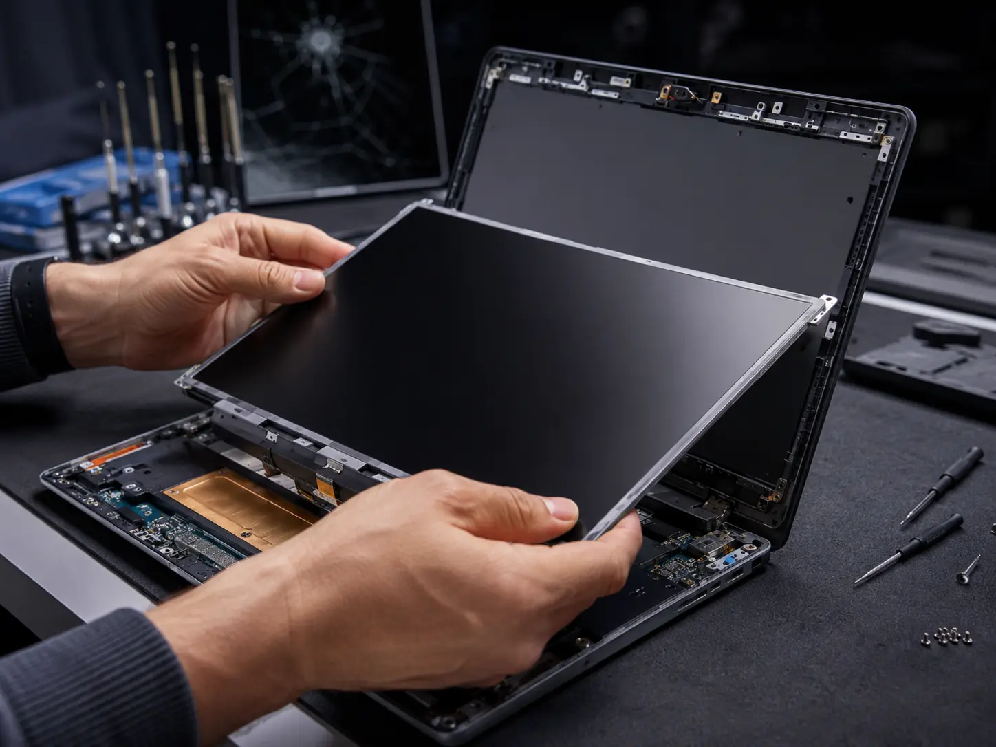 Técnico reemplazando la pantalla de una notebook en el taller