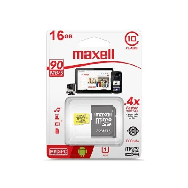 Memoria MicroSD Maxell 16GB Clase 10 con Adaptador SD
